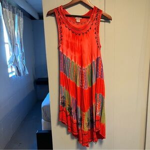 Just Cruising Red Embroidered Tie Dye Rayon Sleeveless Sundress Free Size S/M/L